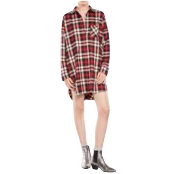 Maje Red Plaid Long Sleeve Shirt Dress - Picture 1 of 16